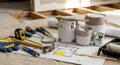 Home Renovation Tools and Blueprint Concept Royalty Free Stock Photo