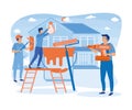 Home renovation workers. Repairman team building house. Painting, electric, finishing works, builders doing apartment repair. Royalty Free Stock Photo