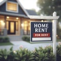 Home For RENT Real Estate Sign In Front of House on blure background. ai generative Royalty Free Stock Photo