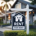 Home For RENT Real Estate Sign In Front of House on blure background. ai generative Royalty Free Stock Photo