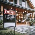 Home For RENT Real Estate Sign In Front of House on blure background. ai generative Royalty Free Stock Photo