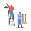 Home Repair Concept. Man And Woman Make A Repair Of a House. Characters Hang Wallpaper, Install Ceiling Light Royalty Free Stock Photo