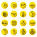 Home repair and construction flat black and yellow vector icons set with shadows. Minimalistic design. Royalty Free Stock Photo