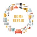 Home repair and construction multicolored flat circle vector frame. Minimalistic design. Icons set. Royalty Free Stock Photo