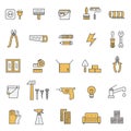 Home repair and construction outline gray and yellow vector icons set. Minimalistic design.