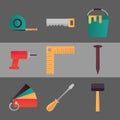 home repair construction renovation tools and equipment icons tape measure saw bucket Royalty Free Stock Photo