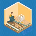 Isometric interior repairs concept. Repairer is laying parquet Royalty Free Stock Photo