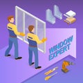 Home repair isometric template. Workers  hold a window. Royalty Free Stock Photo