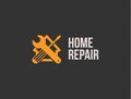 Home repair logo. House fixing tools emblem. Garage toolbox icon. Wrench and screwdriver sign. Mending and renovation