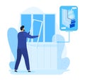 Home repair, man fix window construction vector illustration. Handyman worker in house, glass work service by person