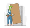 Home Repair Master Set Up New Door in Apartment. Construction Service. Engineer in Working Robe with Equipment Tools