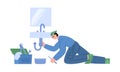 Home repair with plumber fixing sink pipes, flat vector illustration isolated.