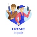 Home repair service flat banner template. Repairmen with electric drills cartoon characters. Professional builders