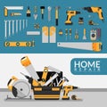 Home repair service template with set of DIY home repair working tools. home repair service consulting, renovation & construction