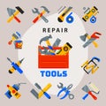 Home repair tools icons working construction equipment set and service worker macter box flat style on white