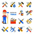 Home repair tools icons working construction equipment set and service worker macter man character flat style isolated