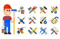 Home repair tools icons working construction equipment set and service worker macter man character flat style isolated