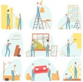 Home repair worker set. Collection of people making house or home apartment interior renovation. Cartoon flat man and woman Royalty Free Stock Photo