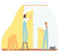 Home repair worker. Two women in uniform gluing wallpaper in the room. Vector illustration flat design style. Customer Service