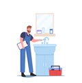 Home Repairment Concept. Plumber Character in Blue Overalls Fixing Broken Sink at Home Bathroom. Repair Service Master