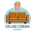 Home rest online cinema sofa and popcorn vector emblem or illustration isolated on white, stay home concept, family weekend, watch