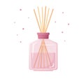 Home rose fragrance, pink glass bottle with aroma sticks, perfume for home, flat editable object on white background