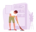 Home Routine, Chores, Household Duties in Living Room. Young Man Doing Domestic Work, Sweeping Floor with Broom