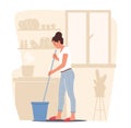 Home Routine, Household Duties in Living Room. Young Woman Doing Domestic Work, Cleaning Floor with Mop, Chores Royalty Free Stock Photo