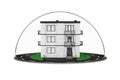 Home Safety Concept. City, Town White Brick House Building Protected under Glass Bell Dome. 3d Rendering Royalty Free Stock Photo