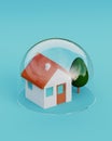 Home safety. A model home protected under a glass dome on blue background. Safety and insurance concept. 3d illustration Royalty Free Stock Photo