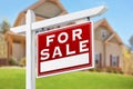 Home For Sale Real Estate Sign in Front of Beautiful New House Royalty Free Stock Photo