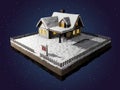 Home for sale realestate sign. Snow-covered cottage on a piece of earth. Christmas cabin at night. 3D illustration. Royalty Free Stock Photo