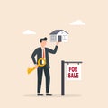 Home for sale, selling house. Realtor holding keys from house for sale. Vector illustration