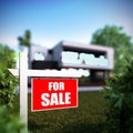 Home For Sale sign in front of modern house. Royalty Free Stock Photo