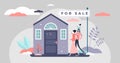 Home for sale vector illustration. Buy house in flat tiny persons concept. Royalty Free Stock Photo