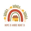 Home saying. Home where heart text. Sweet home. Cute house under the rainbow. Autumn mood, cozy fall element isolated