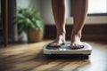 On a home scale an overweight woman weighs herself. Ai generated