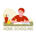 Home schooling. Child boy doing homework, writes in a notebook. Vector illustration in flat cartoon style. Isolated on a white Royalty Free Stock Photo