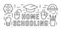 Home schooling horizontal rectangular banner. Self-study online education concept. Graduation cap, brain, cup, light bulb, pc