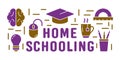 Home schooling text. Color horizontal poster. Graduation cap, brain, cup, light bulb, pc mouse. Self-study online education