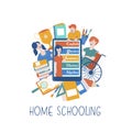 Home schooling. Vector illustration. A wheelchair user is educated at home.