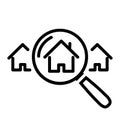 Home search line icon. Magnifier glass with house