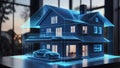 Home security concept. Blue hologram invisible wireframe property security solution. Generative AI