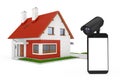 Home Security Concept. Mobile Phone with Blank Screen and Security Camera in front of Cottage House Building. 3d Rendering Royalty Free Stock Photo