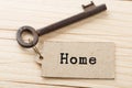 home security concept - old key with tag Royalty Free Stock Photo