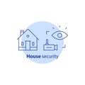 House video camera surveillance, alarm guard system, home security, burglary protection, property break in insurance, stroke icon