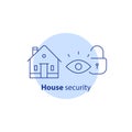 House video camera surveillance, alarm guard system, home security, burglary protection, property break in insurance, stroke icon