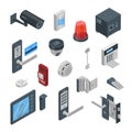Home security systems vector 3d isometric icons and design elements. Smart technologies, safety house, control concept. Royalty Free Stock Photo