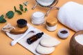 Home self-care kit for face. Dry lymphatic drainage massage brush, mezoroller, loofah pads, natural serum, scrab, cream