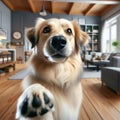 Dog offers paw to viewpoint, in home setting